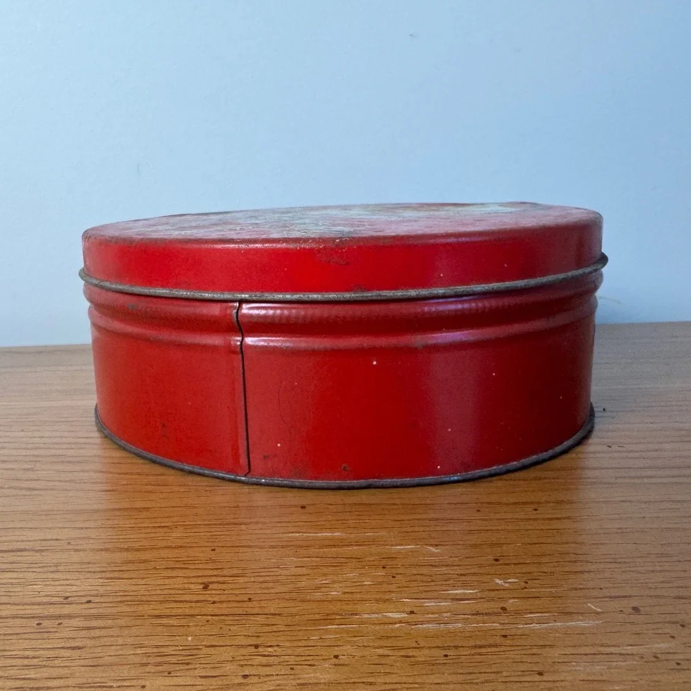 Vintage Christmas Red Tin with Embroidery Floss DMC Thread and Sewing Notions
